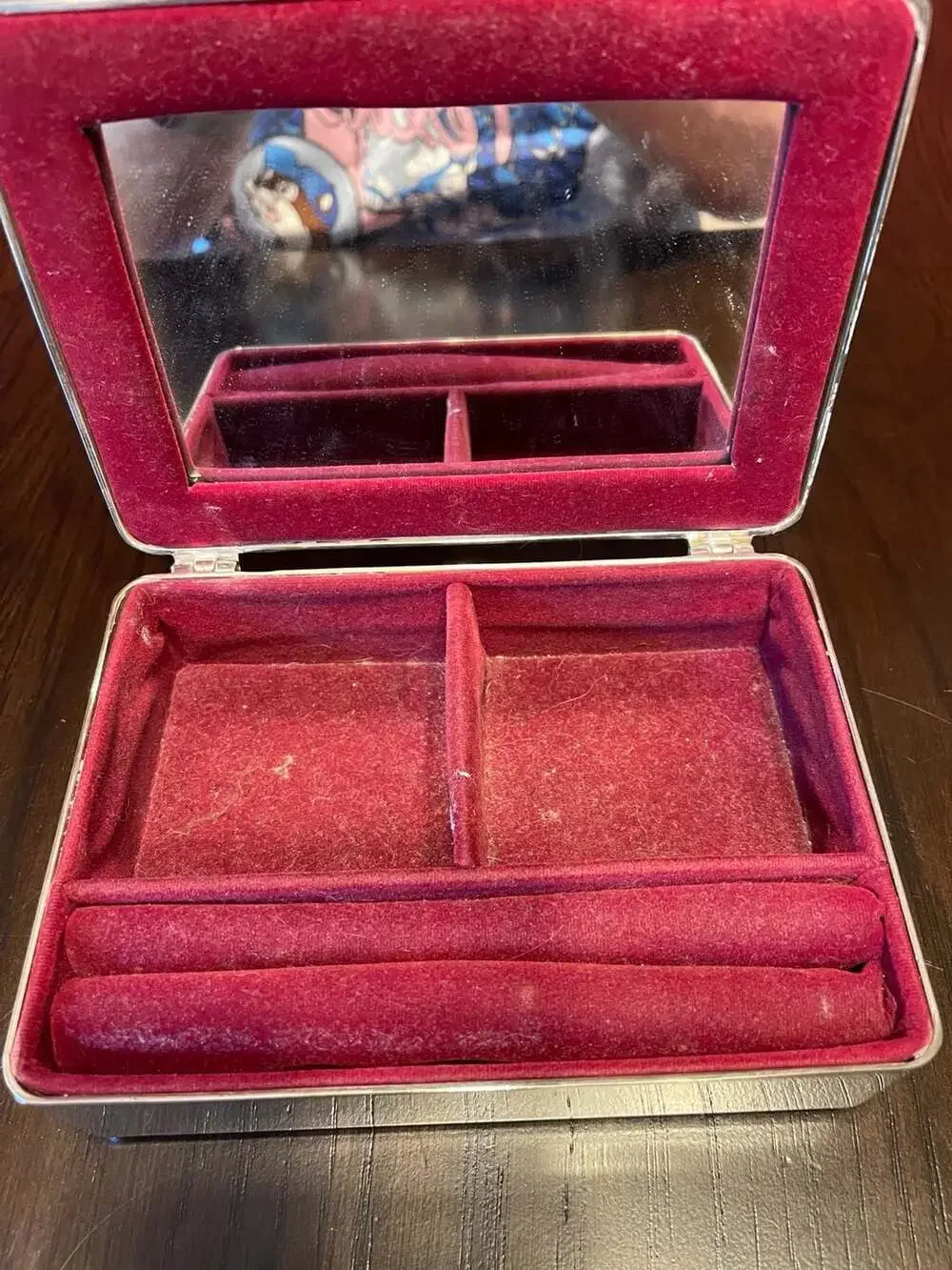 Vntg Silver-Plated Rectangular Trinket Jewelry Box w/Mirror & Red Velvet Lining